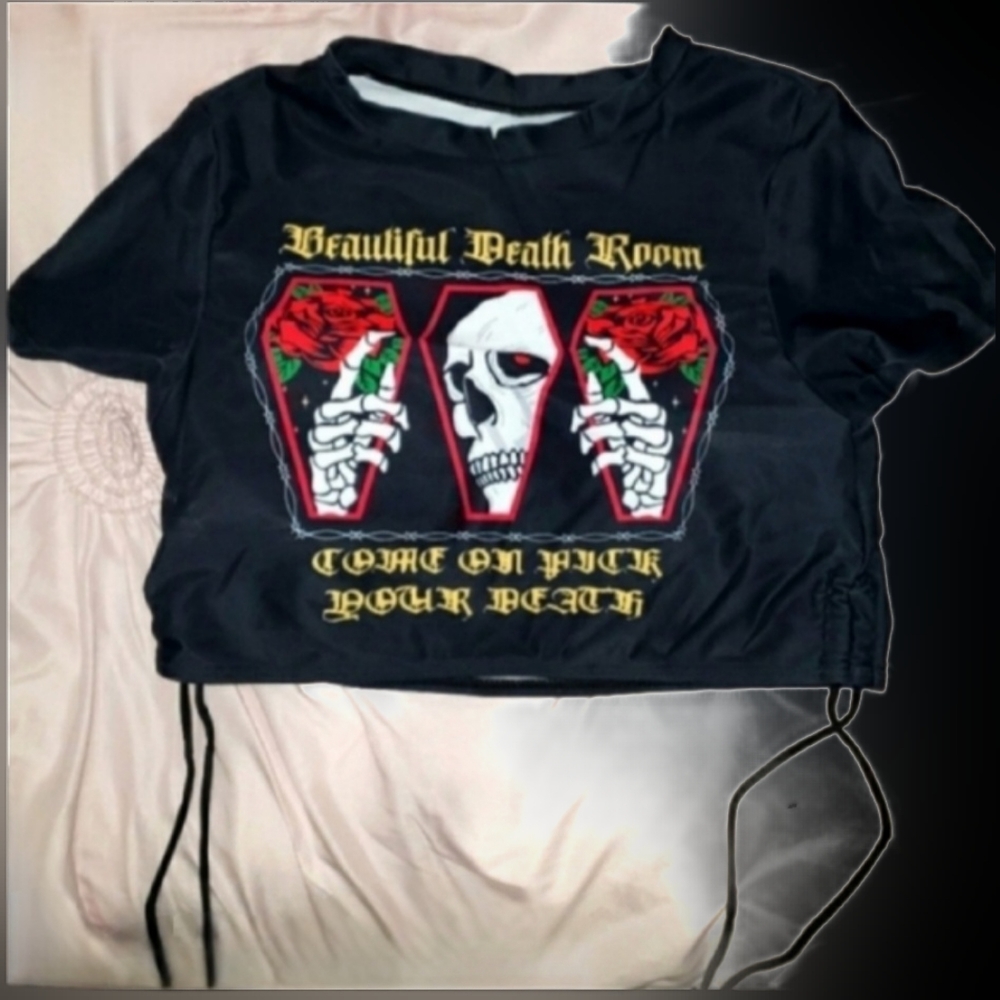Romwe blk red skull coffin rose barbwire graphic ruched drawstring swim top S/M